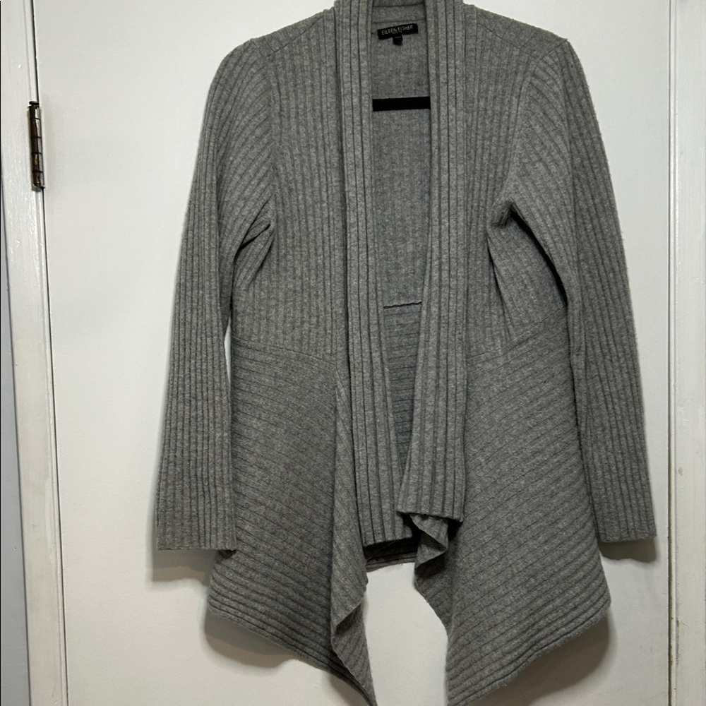 Eileen Fisher Grey Ribbed Cardigan 100% Cashmere